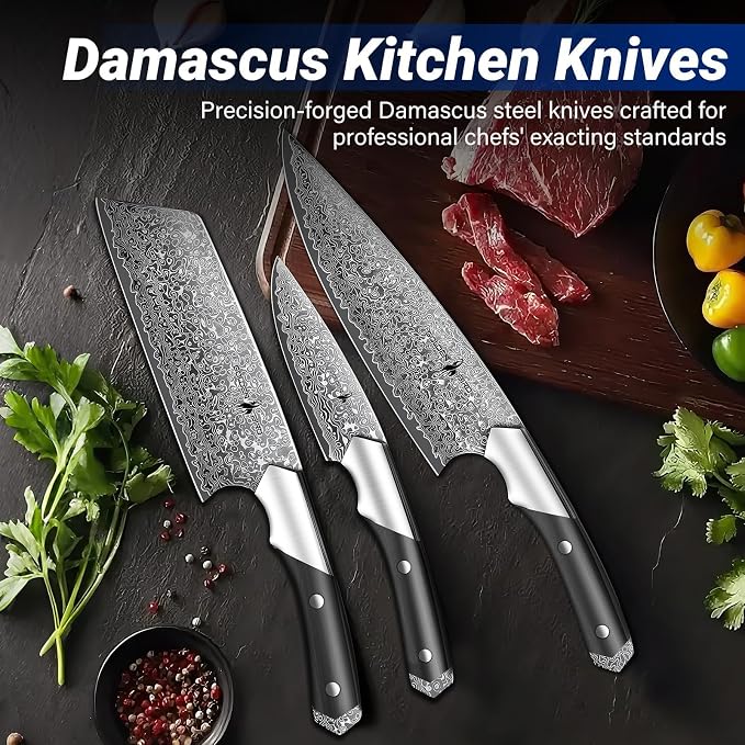 Golden Bird Damascus Kitchen Knife Set, 3 PCS Chef Knife Set Professional, Razor Sharp 67 Layers Damascus Japanese Knives Set for Kitchen with Wood Handle,Gifts for Men Women