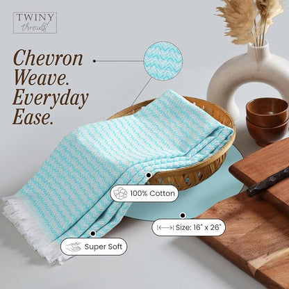 TWINY threads Dish Towel Chevron Weave, 12 Pack, Premium 100% Cotton Kitchen Linen Set, Large Dish Rags and Wash Rags, Absorbent Quick Drying, Machine Washable Dishcloth Set, 16"x26", Aqua Blue