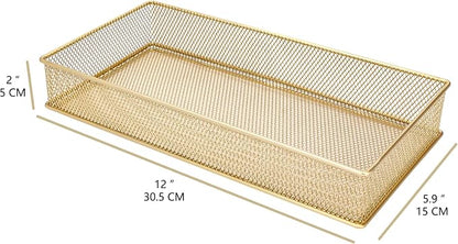 Annova Mesh Stackable Drawer Cabinet and Shelf Organizer Bins Storage Basket School Office Supply Holder Tray- Set of 2 (Gold, 6x12x2 Inch)