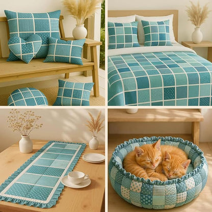 Cotton Satin Patchwork Fabric Panel – 35 Designs, 20×20 cm Squares, Single Piece 150×110 cm, Green Patchwork Quilt Fabric (Turquoise Waves Patchwork Set, 35pcs 8x8 inch)