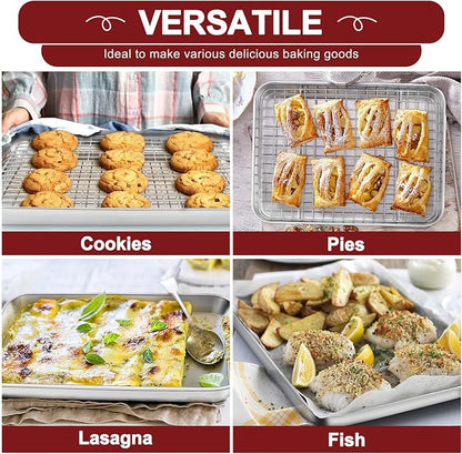 TeamFar Stainless Steel Baking Sheet with Rack Set, 17.6/16/12.5 Inch Cookie Sheets Baking Pans and Cooling Racks for Cooking Serving, Non-Toxic & Heavy Duty, Dishwasher Safe, 6 PCS (3 Pans + 3 Racks)