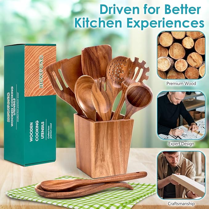 HOWHONG Wooden Spoons for Cooking, Premium Acacia Wood Kitchen Utensil Set, Handmade Wooden Utensils for Nonstick Cookware, Heat Resistant, Smooth Finish, Comfortable Grip, with Holder, Gift Ready