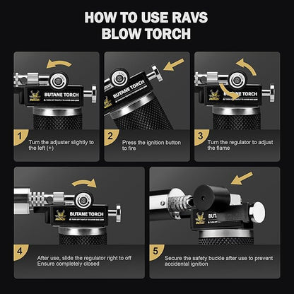 RAVS Butane Torch Lighter, Premium Metal Kitchen Torch with Adjustable Flame & Safety Buckle, Refillable Creme Brulee Torch for Baking, BBQ, DIY, Resin Art, Black, Butane Gas Not Included