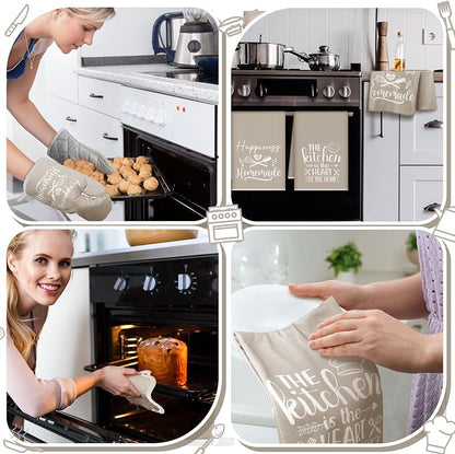 Sratte 6 Pcs Kitchen Decor Accessories Set Farmhouse Towels Pot Holders Oven Mitts Set 2 Dish Towels 2 Potholders 2 Cooking Mittens Oven Glove for Christmas Baking Cooking Supply(Beige,Kitchen)