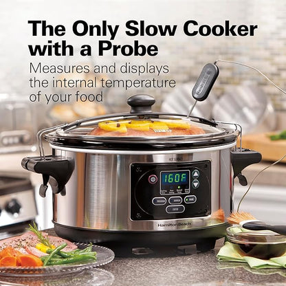 Hamilton Beach Portable 6 Quart Set & Forget Digital Programmable Slow Cooker with Lid Lock, Temperature Probe, Dishwasher Safe Crock & Lid, Stainless Steel (33969A)