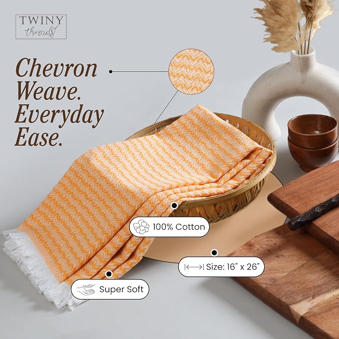 TWINY threads Kitchen Towel Chevron Design, Premium Large Kitchen Linen Set, 100% Cotton Dish Rags, Absorbent Quick Drying Wash Rag for Drying Dishes, Reusable, Set of 4, 16"x26" Inch, Mustard Yellow