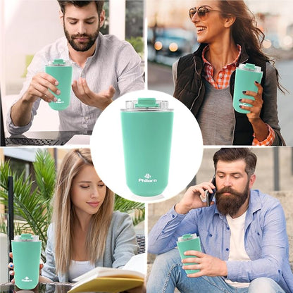 PHILORN Coffee Mug 12 OZ Tumbler, Green Travel Coffee Mug with Lid, Coffee Thermos for Hot & Cold Drinks, Insulated Stainless Steel Travel Coffee Cup with Double Wall