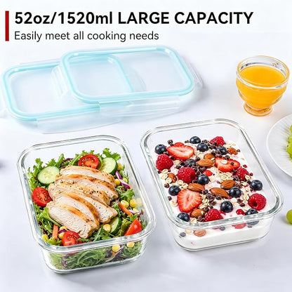 GEHE 2 Pack 52oz Large Glass Food Storage Containers with Lids, Meal Prep Container, Glass Storage Containers with Airtight Lids for Baking, Storing, Microwave/Freezer/Dishwasher Safe, BPA Free