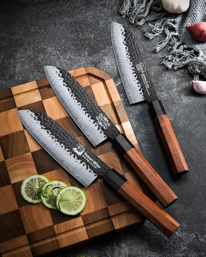 FAMCÜTE Engraved 7‘’ Japanese Santoku Knife, Hand Forged 5-Layer Steel Chef'Knife with Rosewood Handle, Memorial Gifts for husband, Ultra Sharp Kitchen Knife for Dad Birthday Gift (Luxury Wood Box)