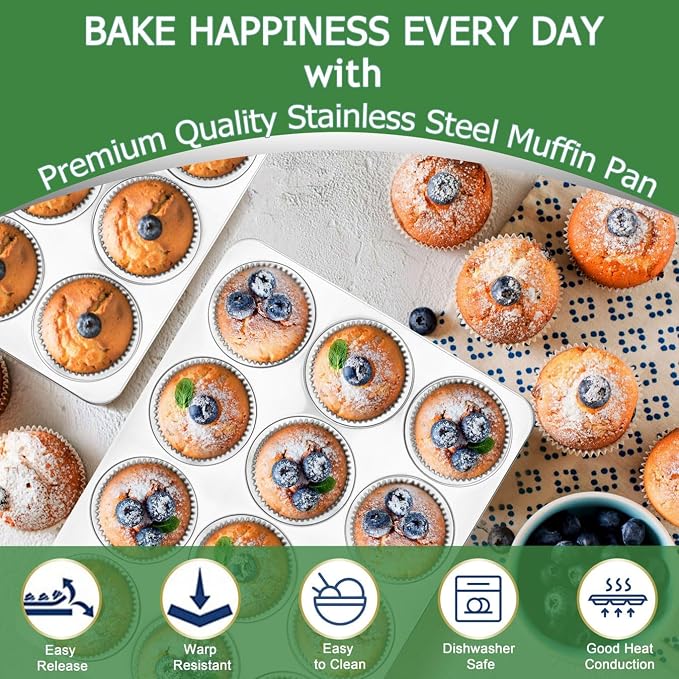 Herogo 2 Pack 12-Cup Stainless Steel Cupcake Pan Tin for Making Egg Muffin Quiches, Metal Muffin Tray Set for Baking, Mini Brownie, Regular Size & Easy Clean, Oven & Dishwasher Safe