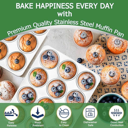 Herogo 2 Pack 12-Cup Stainless Steel Cupcake Pan Tin for Making Egg Muffin Quiches, Metal Muffin Tray Set for Baking, Mini Brownie, Regular Size & Easy Clean, Oven & Dishwasher Safe