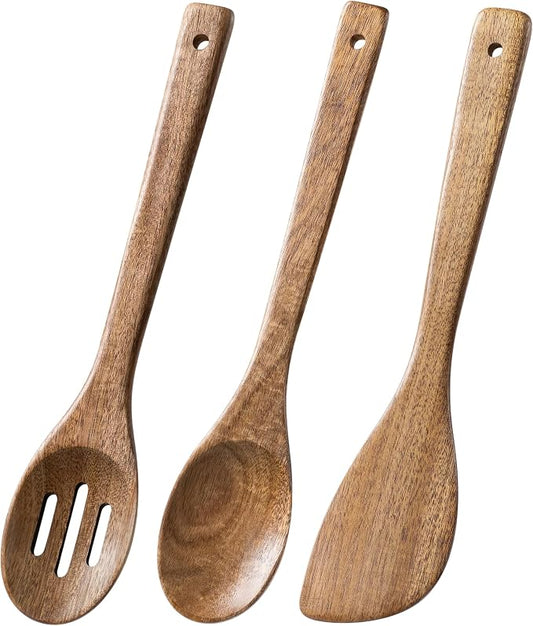 Wooden Spoons for Cooking, 3-Piece Wood Utensil Set Includes Slotted Spoon, Spoon & Wooden Spatula for Cooking – Acacia Wood Kitchen Utensil Set – 12 Inch Hardwearing Tools