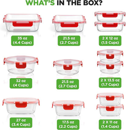 NutriChef 24-Piece Glass Food Storage Containers with Lids - 12 Stackable Heavy Duty Meal Prep Containers w/ 12 Airtight Lids - Microwave, Freezer, & Dishwasher Safe for Food, Snacks, & Fruit-(Red)