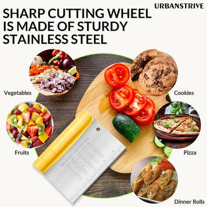 Urbanstrive Bench Scraper for Baking, Stainless Steel Dough Cutter and Scraper Tool Kitchen, Kitchen Scraper Food Scraper Tool Pizza Cutter Food Chopper, Multi-Purpose Kitchen Gadgets, Yellow