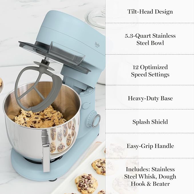 Martha Stewart 5.3Qt Stand Mixer, 12-Speed Tilt-Head Electric Kitchen Mixer with Stainless Steel Bowl, Dough Hook, Whisk & Beater, Splash Guard, Ideal for Baking Bread, Cake & Whipping, Sky Blue