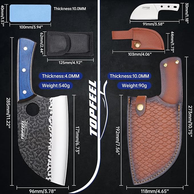 6.8Inch Serbian Chef Knife- Butcher Knife Meat Cleaver Set for Cooking, Chopping. Kitchen Knives with Leather Sheath for Home, Camping, BBQ