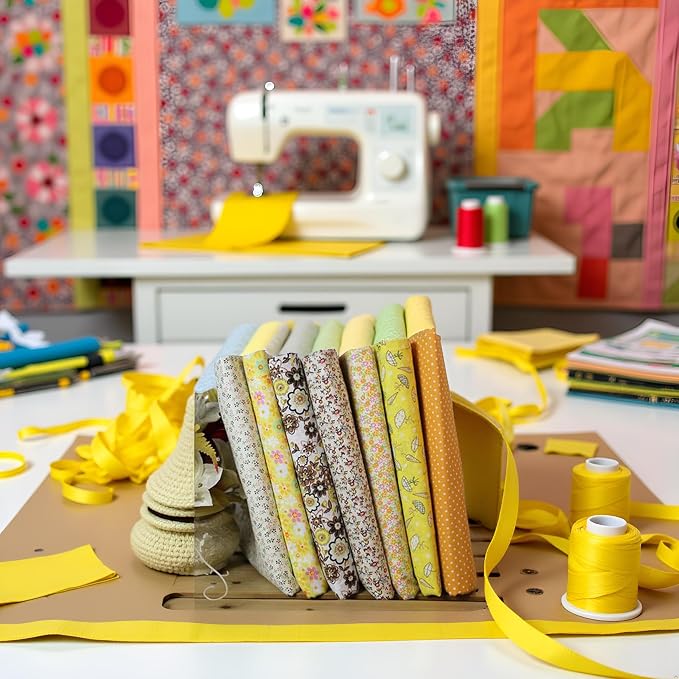 7Pcs Square Shape, Flower, Striped, Polka Dot Cotton Fabric for Sewing, 25x25cm Cotton Flower Polka Dot Bundle DIY Patchwork Quilt Cloth,Craft and Hobby Fabric (Yellow)