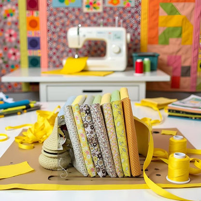 7Pcs Square Shape, Flower, Striped, Polka Dot Cotton Fabric for Sewing, 25x25cm Cotton Flower Polka Dot Bundle DIY Patchwork Quilt Cloth,Craft and Hobby Fabric (Yellow)