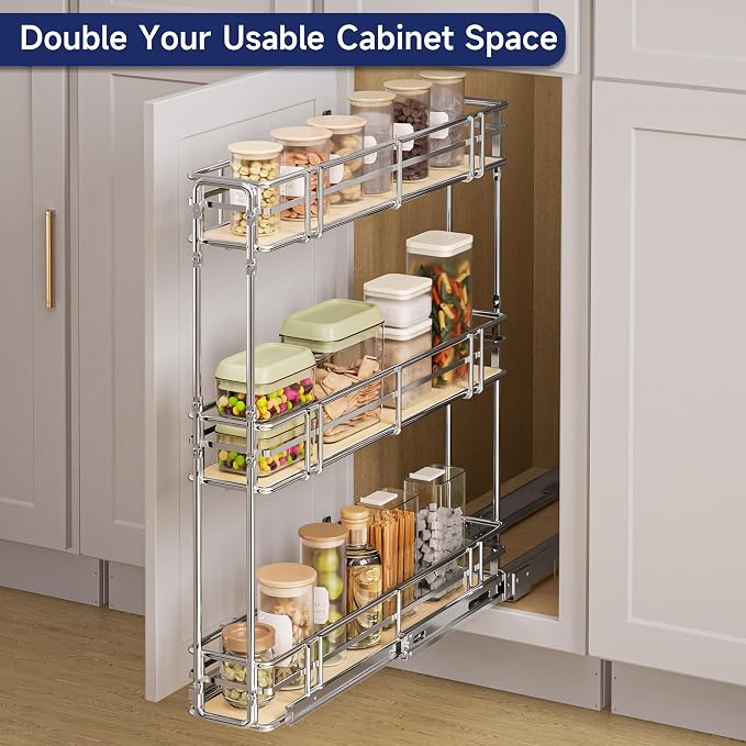 5" W x 20.5" D 3-Tier Pull Out Spice Rack Organizer, Solid Wood Base Slide Out Cabinet Shelf for Narrow Kitchen Cabinets, Chrome Pantry Storage