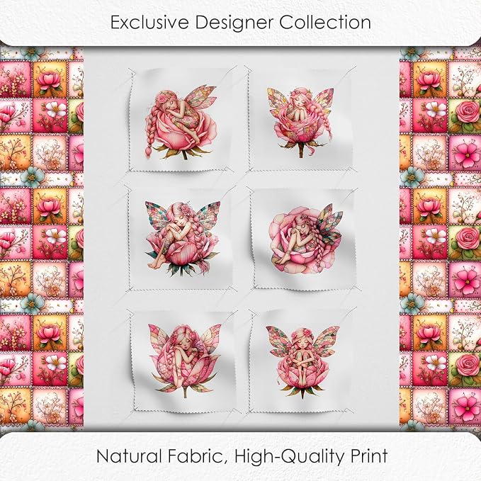 ‍ Pink Fairy Patchwork Cotton Fabric Panel – 6 Designs (10×10 inch Each) + Bonus Patchwork Sheet 29.5×19.6 inch, 100% Cotton 140 GSM