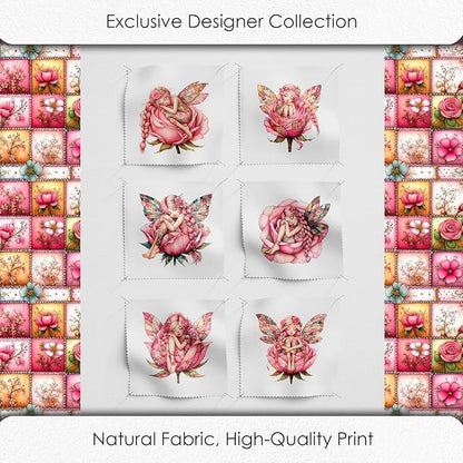 ‍ Pink Fairy Patchwork Cotton Fabric Panel – 6 Designs (10×10 inch Each) + Bonus Patchwork Sheet 29.5×19.6 inch, 100% Cotton 140 GSM