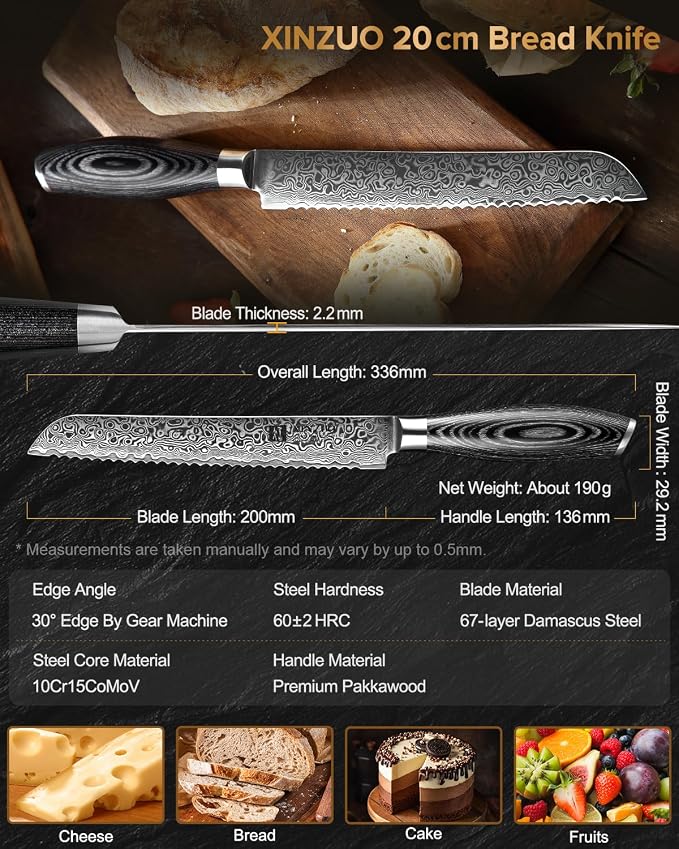 XINZUO Bread Knife 8 Inch,Professional Damascus Serrated Knife for Homemade Bread,Razor Sharp,Wide Wavy Edge for Bread, Bagels,Pizza and Cake, Gift Box Package