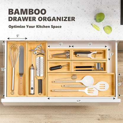 Kitchen Drawer Organizer Bins, Stackable Bamboo Deep Drawer Organizer for Silverware, Utensils, Cutlery, Flatware, Junk Drawer, Dresser, Bathroom, 14" x 5" x 2.5" (Set of 2)