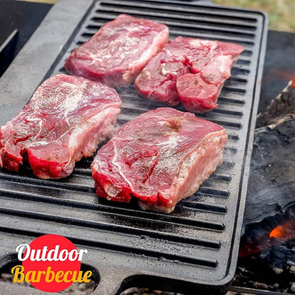 Overmont Reversible Cast Iron Grill Griddle Pan, Pre-Seasoned 17 x 9.8 Inch Dual-Sided Griddle Double Burner Cookware with Handles for Gas Grill, Stovetop, Oven, Campfire, Scrapers Included