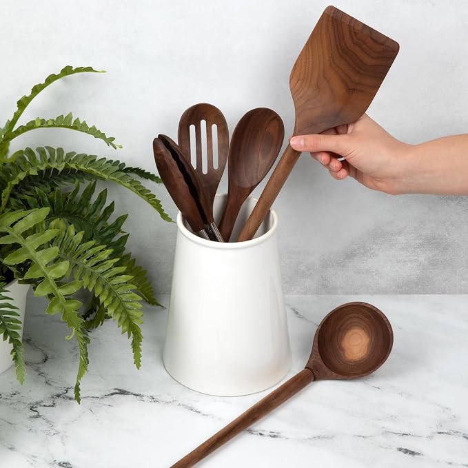 Salt & York 5-Piece Walnut Kitchen Utensil Set with Turner, Tongs, Slotted Spoon, Ladle and 12" Spoon, Farmhouse Style Kitchen & Cookware, Ideal for Entertaining, Wedding and Housewarming Gift