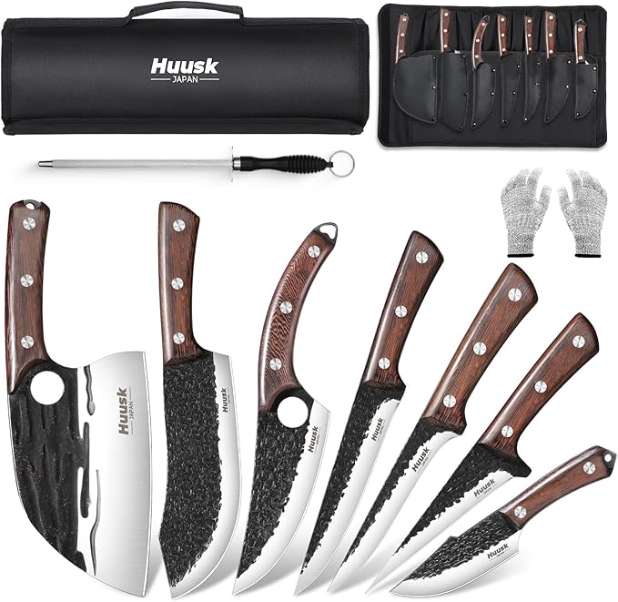 Huusk Butcher Knife Set for Meat Cutting 10pcs Viking Kitchen Serbian Chef Knife with Roll Bag Hand Forged Brisket Knives Meat Cleaver for Men Gift BBQ Outdoor Camping