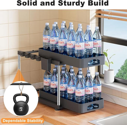 Under Sink Organizer, Under Kitchen Sink Organizer, Height Adjustable Bathroom Cabinet Organizers and Storage, 2 Tier Pull-Out Multi-Purpose Organizer for Bathroom Kitchen Cabinet, Black, 2 Pack