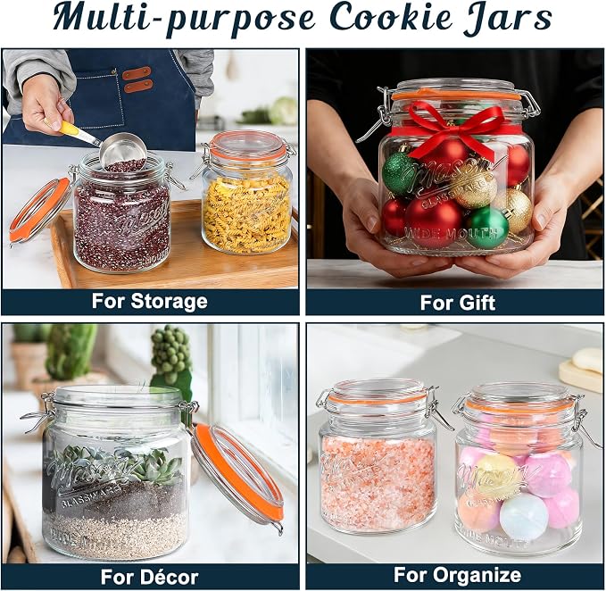 [NEW] 2 Pack Half Gallon Mason Jar with Hinged Lid, Wide Mouth Glass Flour Container for Food Storage, Cookie, Coffee, Pickle - 64 Oz Glass Jar with Glass Lid - Vintage Mason Jars w 2 Scale Marks