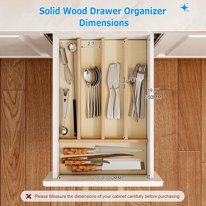 WelFurGeer Solid Birch Wood Silverware Drawer Organizer, Wooden Cutlery Drawer Organizer, Utensil Tray for Kitchen Drawers, Kitchen Utensil Organizer for Silverware, Flatware, Spoons, Forks, Knives