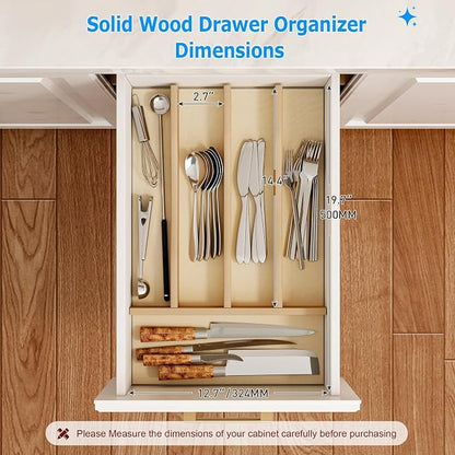 WelFurGeer Solid Birch Wood Silverware Drawer Organizer, Wooden Cutlery Drawer Organizer, Utensil Tray for Kitchen Drawers, Kitchen Utensil Organizer for Silverware, Flatware, Spoons, Forks, Knives