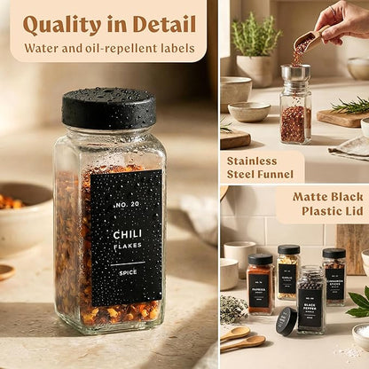 EDELHAUS Glass Spice Jars with Labels (24 x 4oz) Spice Containers with 240 Labels, Shaker Inserts, Funnel, Empty Square Empty Square Seasoning Organizer (Black Lids)