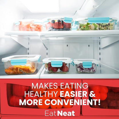EatNeat Glass Food Storage Containers with Airtight Locking Lids – Durable & Sleek – Oven-to-Table, Microwave, Freezer & Dishwasher Safe – Includes Large, Medium & Small Sizes – Giftable 10-Pack Set