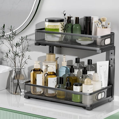 Under Sink Organizer 2 Pack, High Adjustable 2 Tier Under Sink Organizers and Storage, Slide out Metal Cabinet Organizers, Pull out Storage Drawer Shelf for Kitchen Bathroom Cabinet
