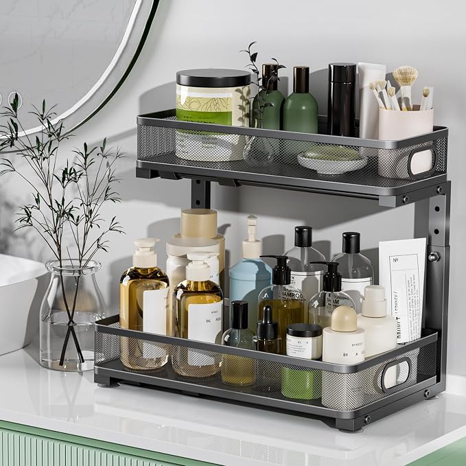 Under Sink Organizer, High Adjustable 2 Tier Under Sink Organizers and Storage, Slide out Metal Cabinet Organizers, Pull out Storage Drawer Shelf for Kitchen Bathroom Cabinet (1, Black)