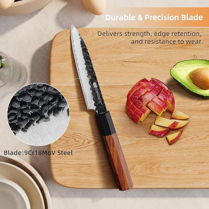 FINDKING Kitchen Utility Knife, 5 Inch Japanese Paring Knife, Small Fruit Knife with 9Cr18MoV High Carbon Steel Blade, Rosewood Octagonal Handle, for Fruits and Vegetables, Dynasty Series