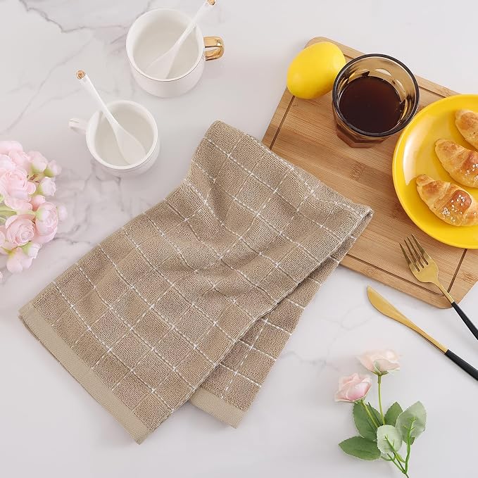 Mordimy 100% Cotton Terry Cloth Kitchen Towels, Super Soft and Absorbent Dish Towels for Drying, Checkered Designed Hand Towels for Kitchen, 13 x 28 Inches, 4 Pack, Tan