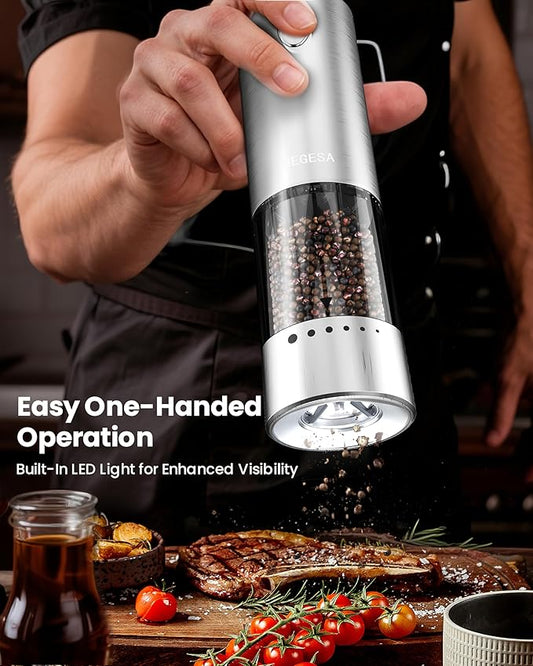 Electric Salt and Pepper Grinder Set with Rechargeable Base - Automatic Refillable Electric Salt and Pepper Shakers with Large Capacity, LED Light & Adjustable Coarseness, Stainless Steel