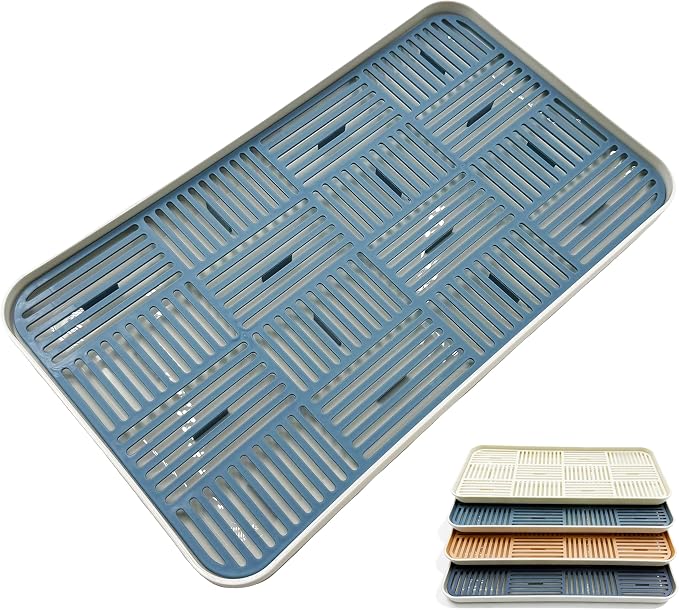 2-in-1 Kitchen Sink Caddy Organizer with Plastic Drain Grate, Double-Layer Drain Sponge Soap Holder & Food Fruit Vegetable Drain Tray for Sink Countertop Home Kitchen Restaurant Hotel, Blue (1 Pack)
