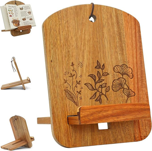 Wooden Cookbook Stand for Kitchen Counter - Reversible Recipe Book Holder with Cooking Measurement Conversion Card - Gift-Ready Adjustable Tablet Cookbook Holder Stand - 11"x8.2"