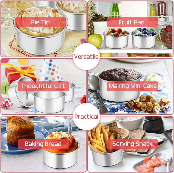 TeamFar 4 Inch Cake Pan, Mini Cake Pan Small Round Baking Tins Set Stainless Steel, For Baking Steaming Serving, Healthy & Sturdy, Easy Clean & Dishwasher Safe - Set of 3