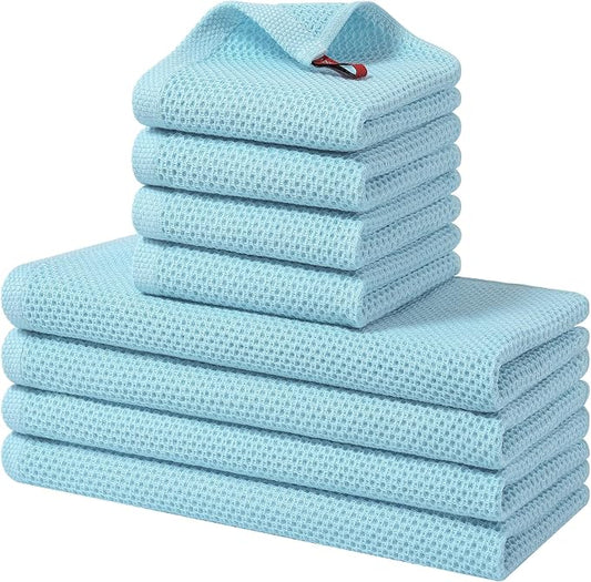 Homaxy 100% Cotton Kitchen Towels and Dishcloths Set, 12 x 12 Inches and 13 x 28 Inches, Set of 8 Bulk Kitchen Towels Set, Ultra Soft Absorbent Dish Cloths for Washing Dishes, Sky Blue