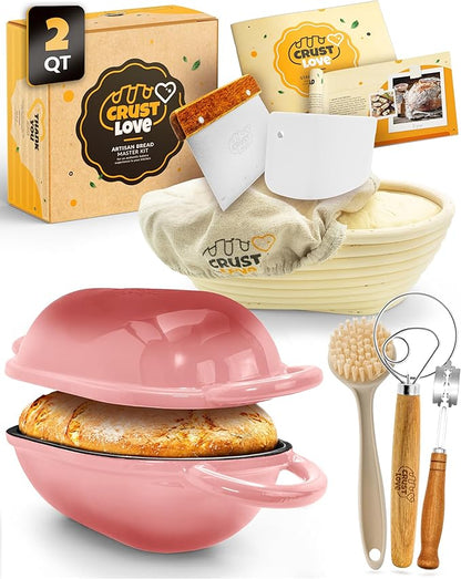 CRUSTLOVE Loaf Pan for Bread Baking - incl. Sourdough Bread-Baking Supplies like Banneton Bread-Proofing Basket - 2QT Enameled Oval Cast Iron Dutch Oven, Bread-Oven, Sour Dough Bread-Banking-Pan Tools