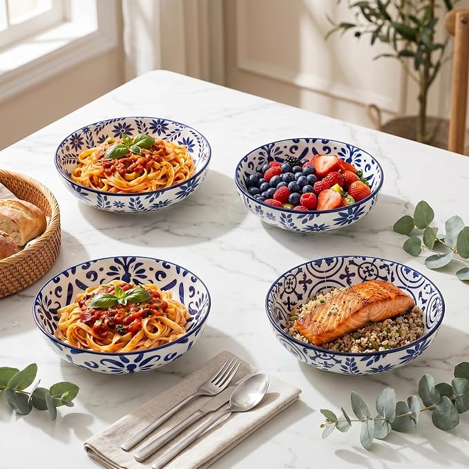 glowworm Pasta Bowls，42oz Ceramic Pasta Salad & Soup Bowls，Large Serving Bowls Set of 4 for Serving Cereal，Noodle，Dinner，Shallow Kitchen Bowls，Microwave Dishwasher Safe，Blue & White