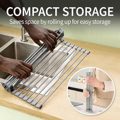 Roll Up Dish Drying Rack for Sink, Over Sink Dish Rack 17 x 15.7 Inch, Silicone Stainless Steel Dish Drainer for Kitchen Counter, BPA Free Utensil Drying Rack, Gray