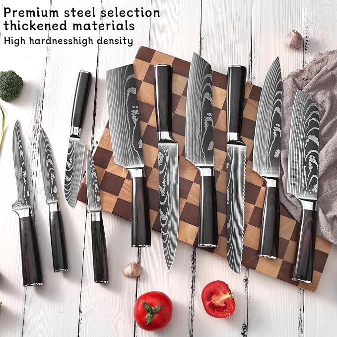 10PCS Professional Kitchen Knife Set Ultra Sharp Chef Knife Set with Stainless Steel Knives Wood Handles Complete Cooking Knife Set Includes Chef, Bread, Santoku, Cleaver Knives