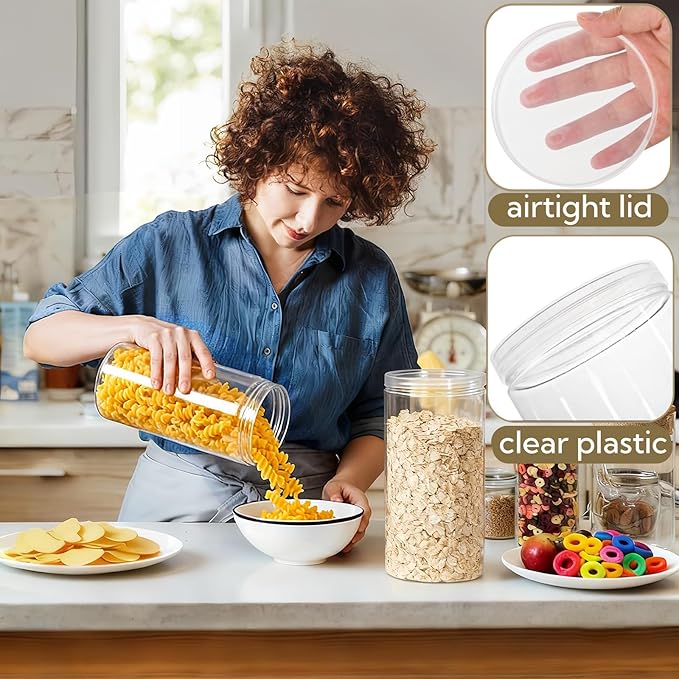 Pumtus 8 Pack Clear Plastic Jars with Lid, 46 OZ Round Candy Storage Jars, Empty Large Mason Jars, Tall PET Canisters Cylinders, Wide Mouth Pantry Container for Dry Food, Spice, Nuts, Noodles